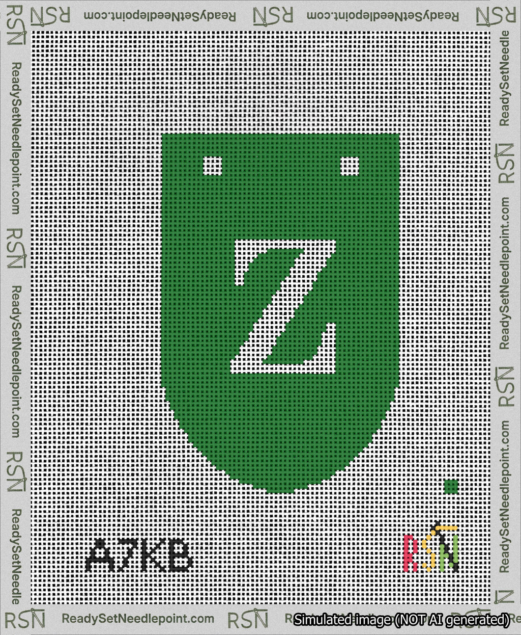 A taped needlepoint canvas with the design: Banner 13 mesh count Rounded Z White on Green.