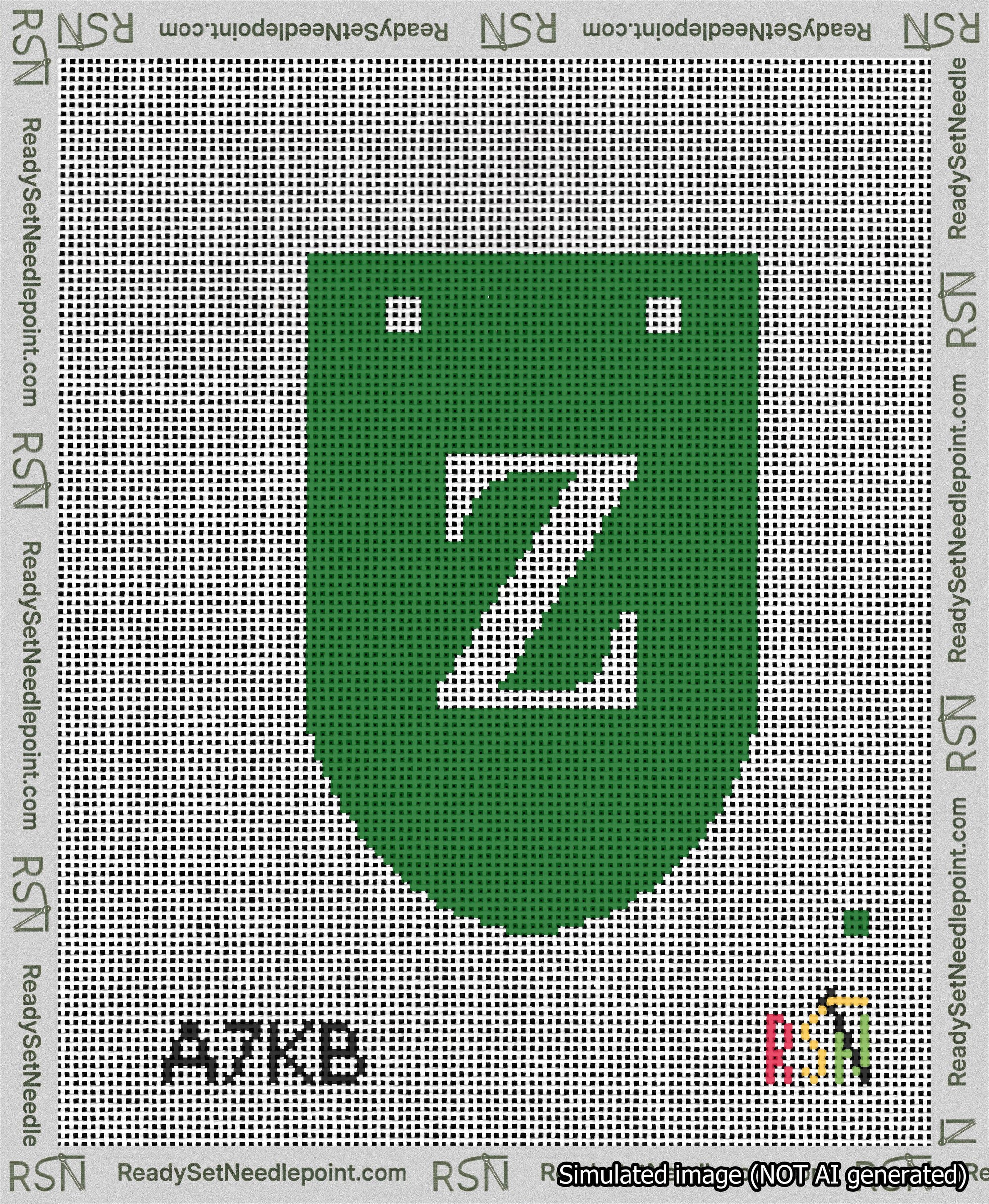 A taped needlepoint canvas with the design: Banner 13 mesh count Rounded Z White on Green.