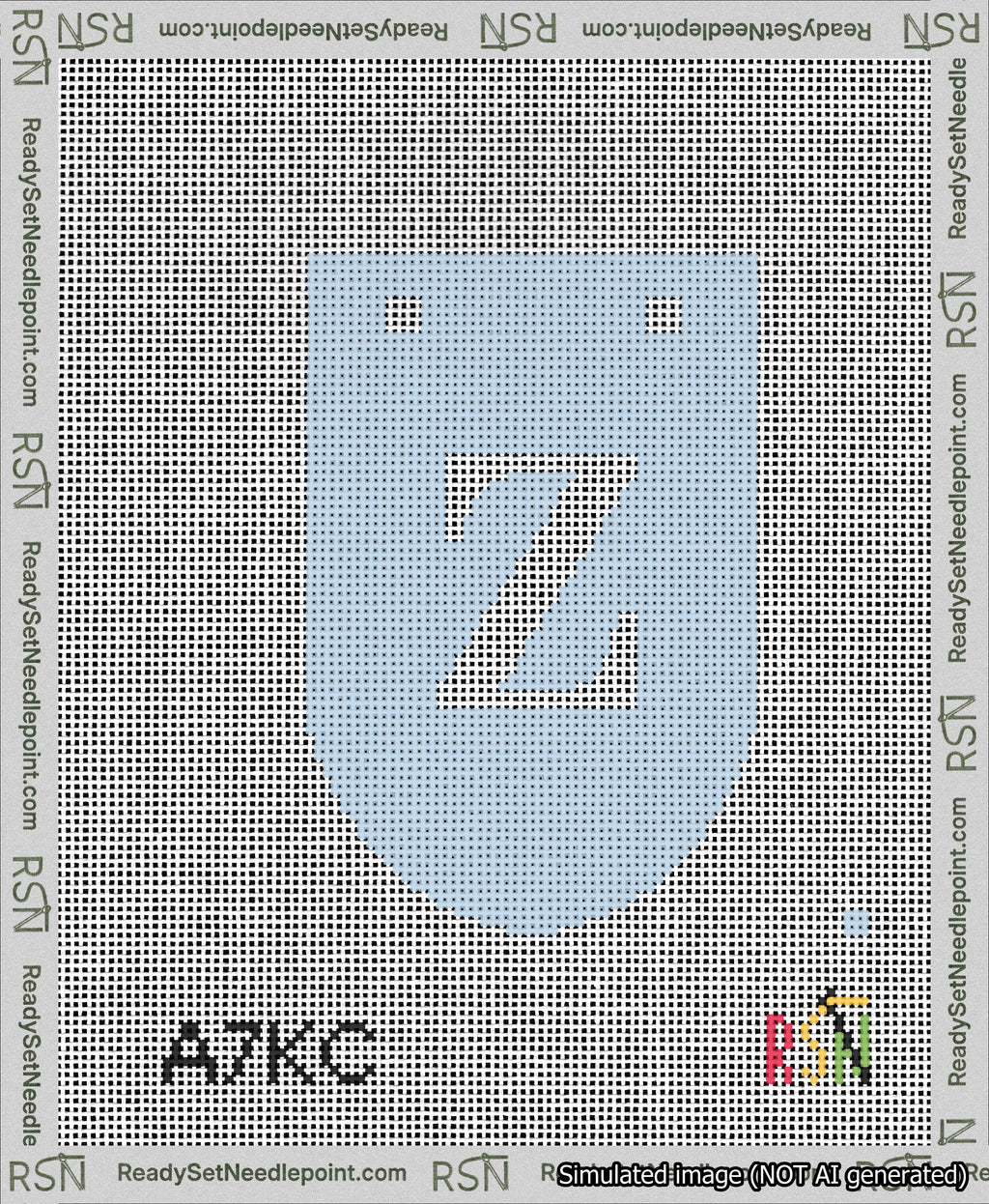 A taped needlepoint canvas with the design: Banner 13 mesh count Rounded Z White on Light Blue.