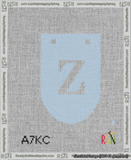 A taped needlepoint canvas with the design: Banner 13 mesh count Rounded Z White on Light Blue.