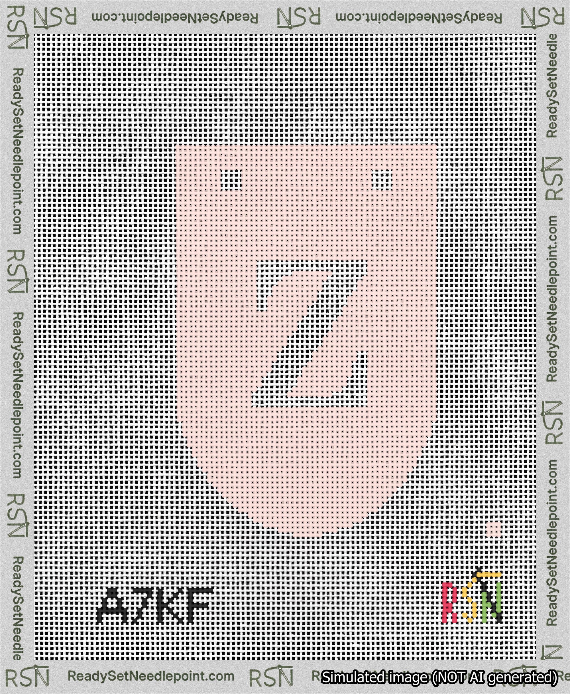 A taped needlepoint canvas with the design: Banner 13 mesh count Rounded Z White on Pink.