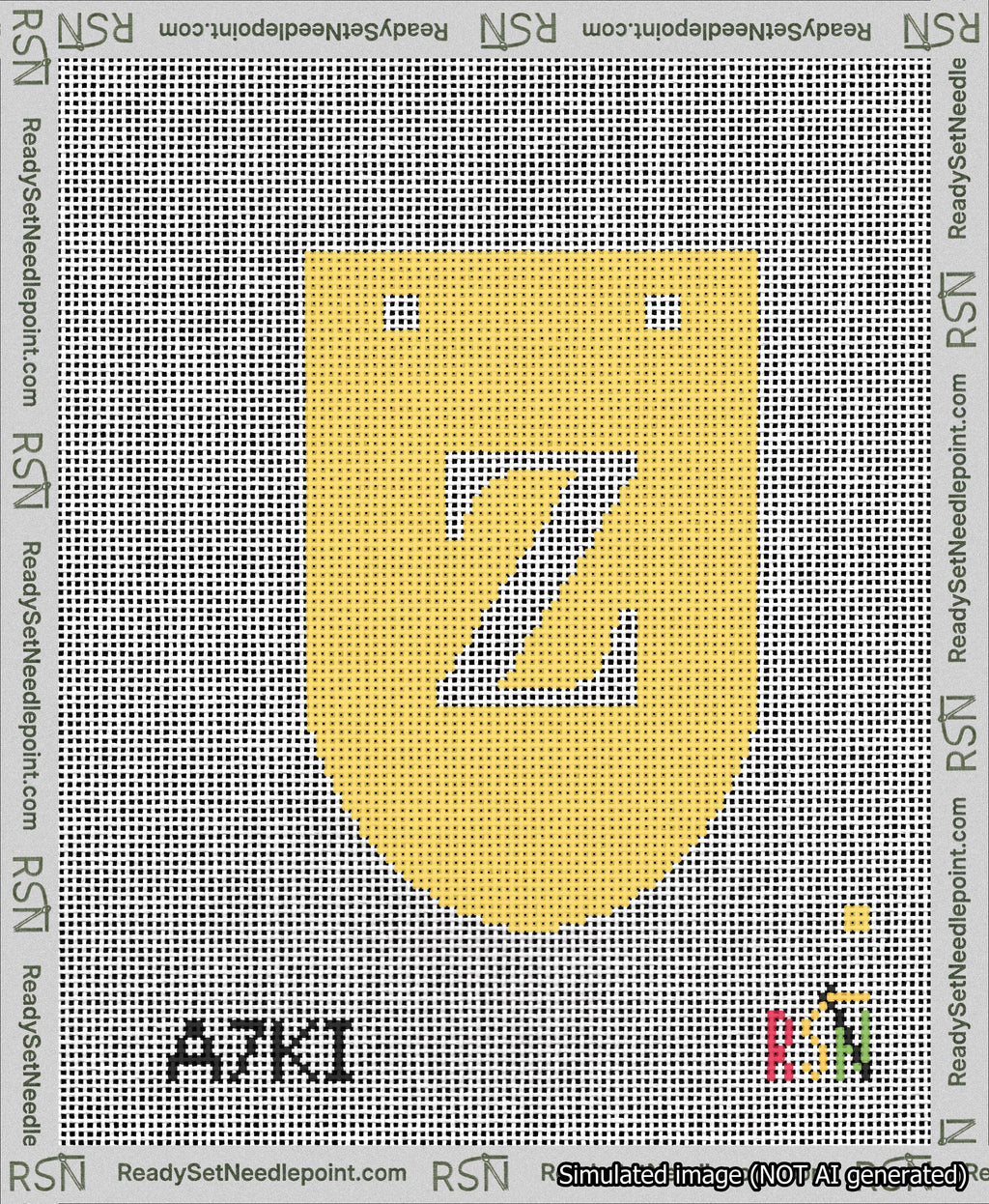 A taped needlepoint canvas with the design: Banner 13 mesh count Rounded Z White on Yellow.
