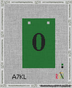 A taped needlepoint canvas with the design: Banner 13 mesh count Squared 0 Black on Green.
