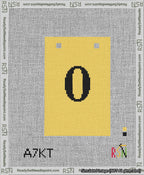 A taped needlepoint canvas with the design: Banner 13 mesh count Squared 0 Black on Yellow.