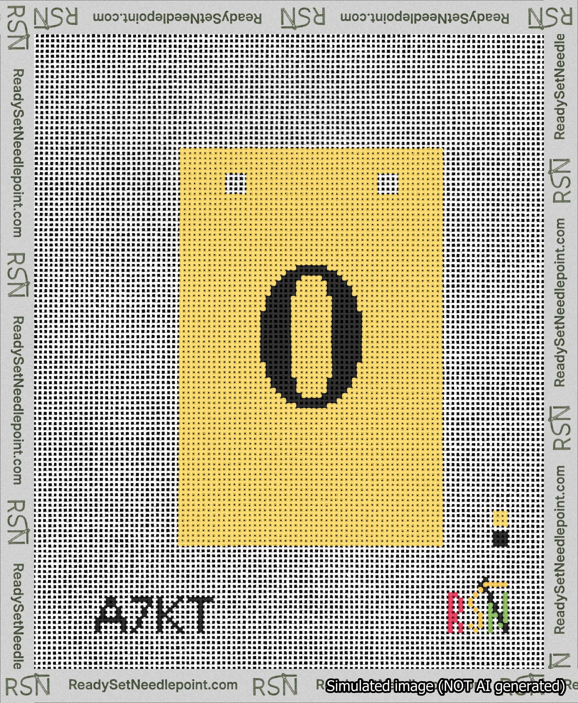 A taped needlepoint canvas with the design: Banner 13 mesh count Squared 0 Black on Yellow.