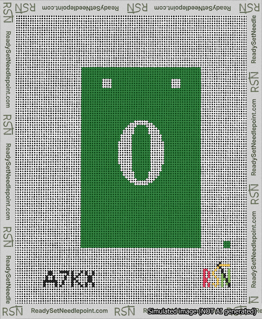 A taped needlepoint canvas with the design: Banner 13 mesh count Squared 0 White on Green.