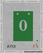 A taped needlepoint canvas with the design: Banner 13 mesh count Squared 0 White on Green.