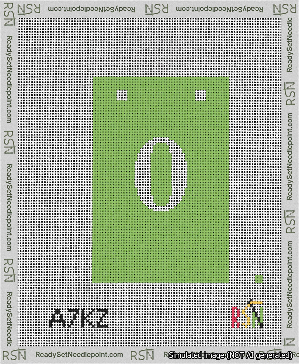 A taped needlepoint canvas with the design: Banner 13 mesh count Squared 0 White on Light Green.