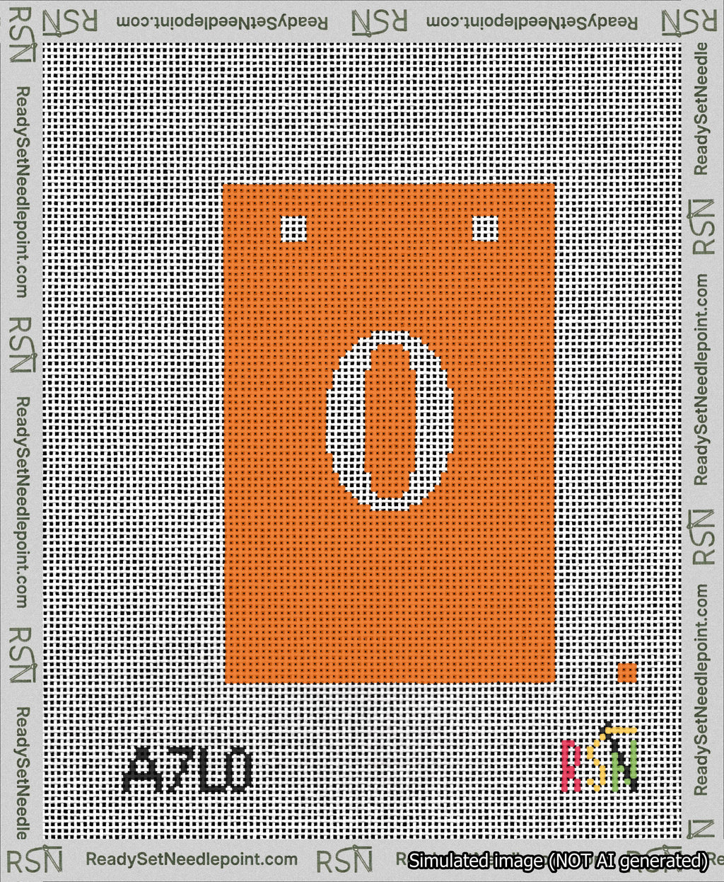A taped needlepoint canvas with the design: Banner 13 mesh count Squared 0 White on Orange.