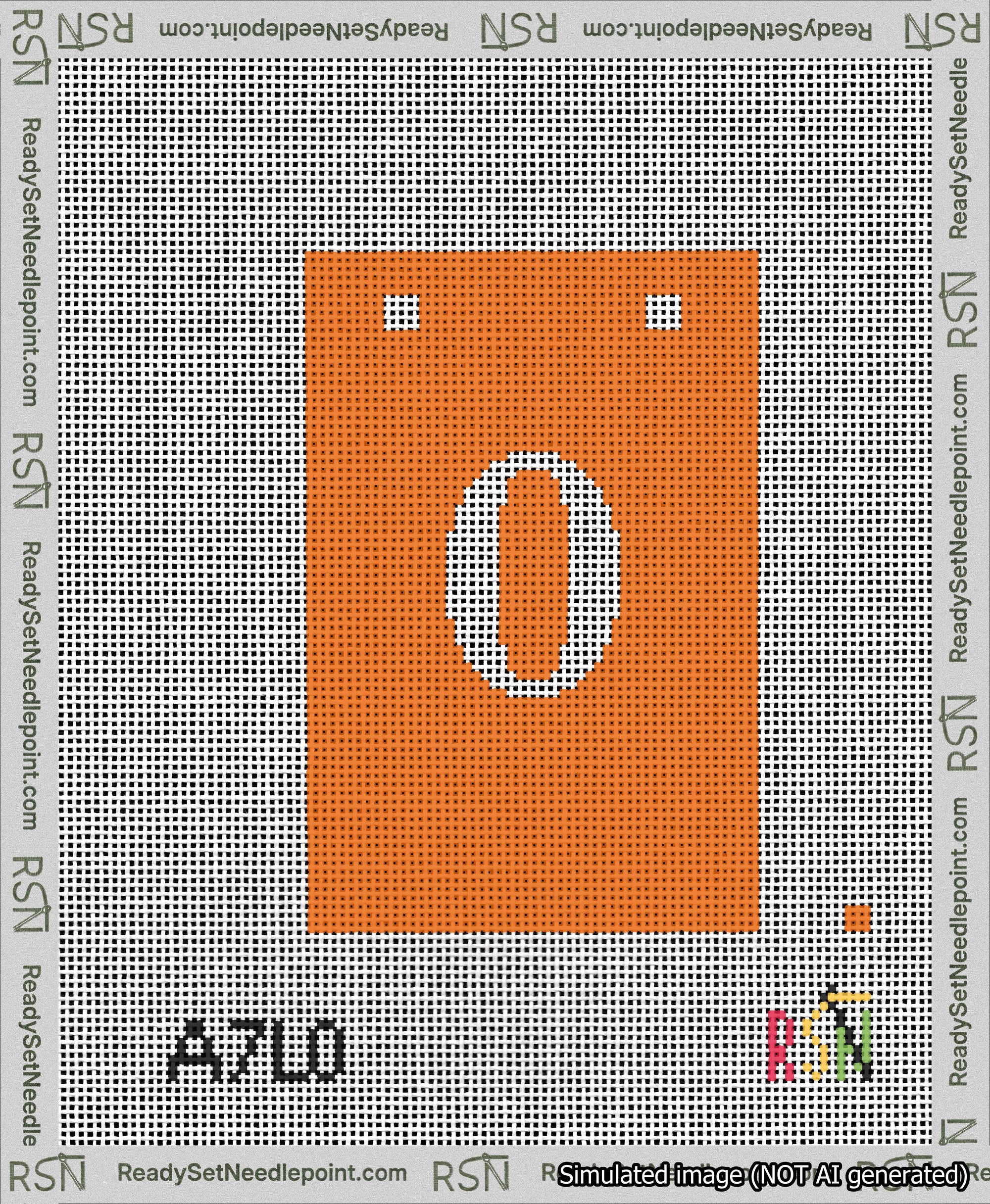 A taped needlepoint canvas with the design: Banner 13 mesh count Squared 0 White on Orange.