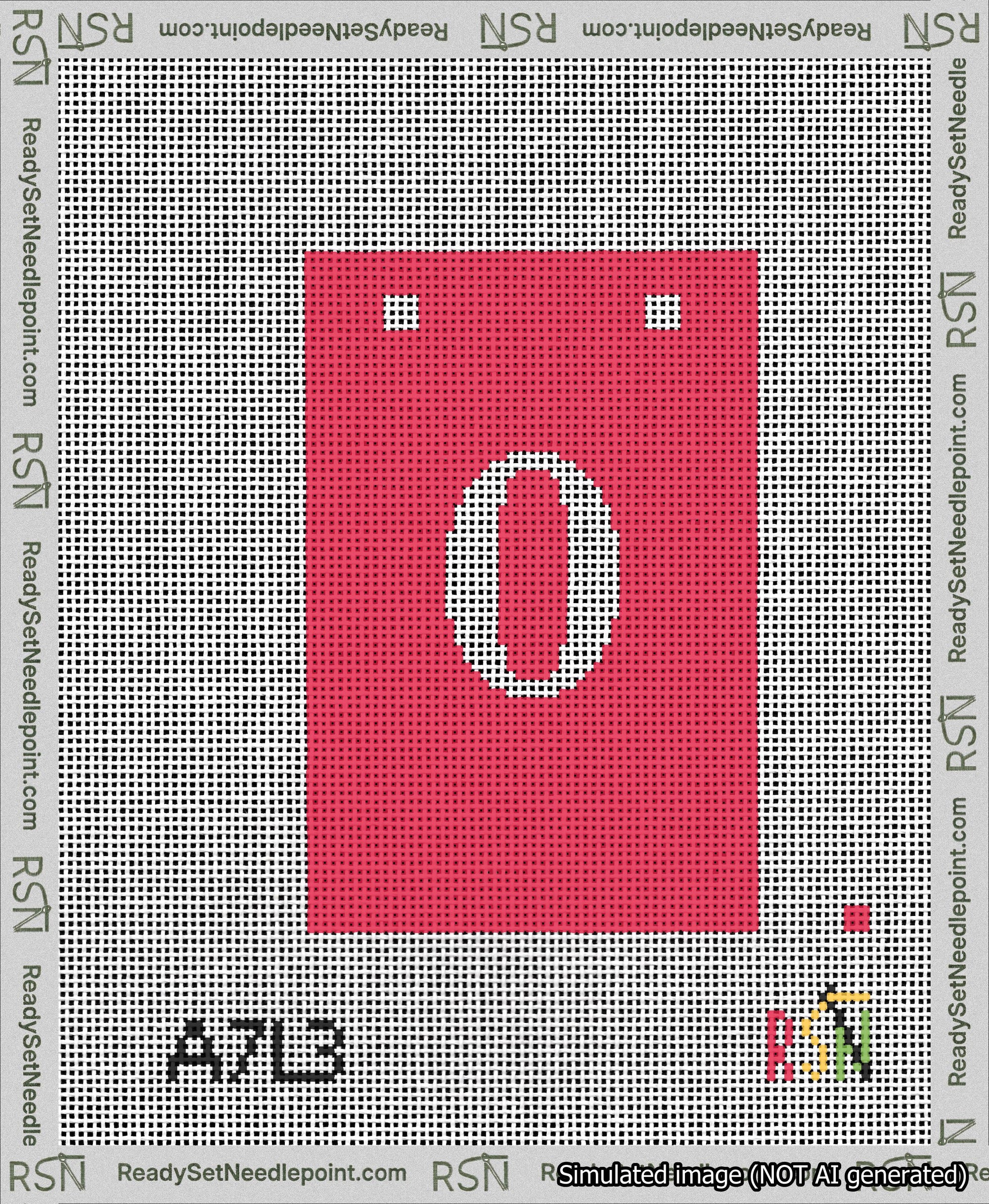 A taped needlepoint canvas with the design: Banner 13 mesh count Squared 0 White on Red.