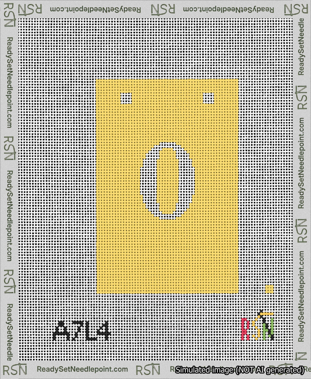 A taped needlepoint canvas with the design: Banner 13 mesh count Squared 0 White on Yellow.