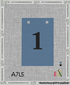 A taped needlepoint canvas with the design: Banner 13 mesh count Squared 1 Black on Blue.