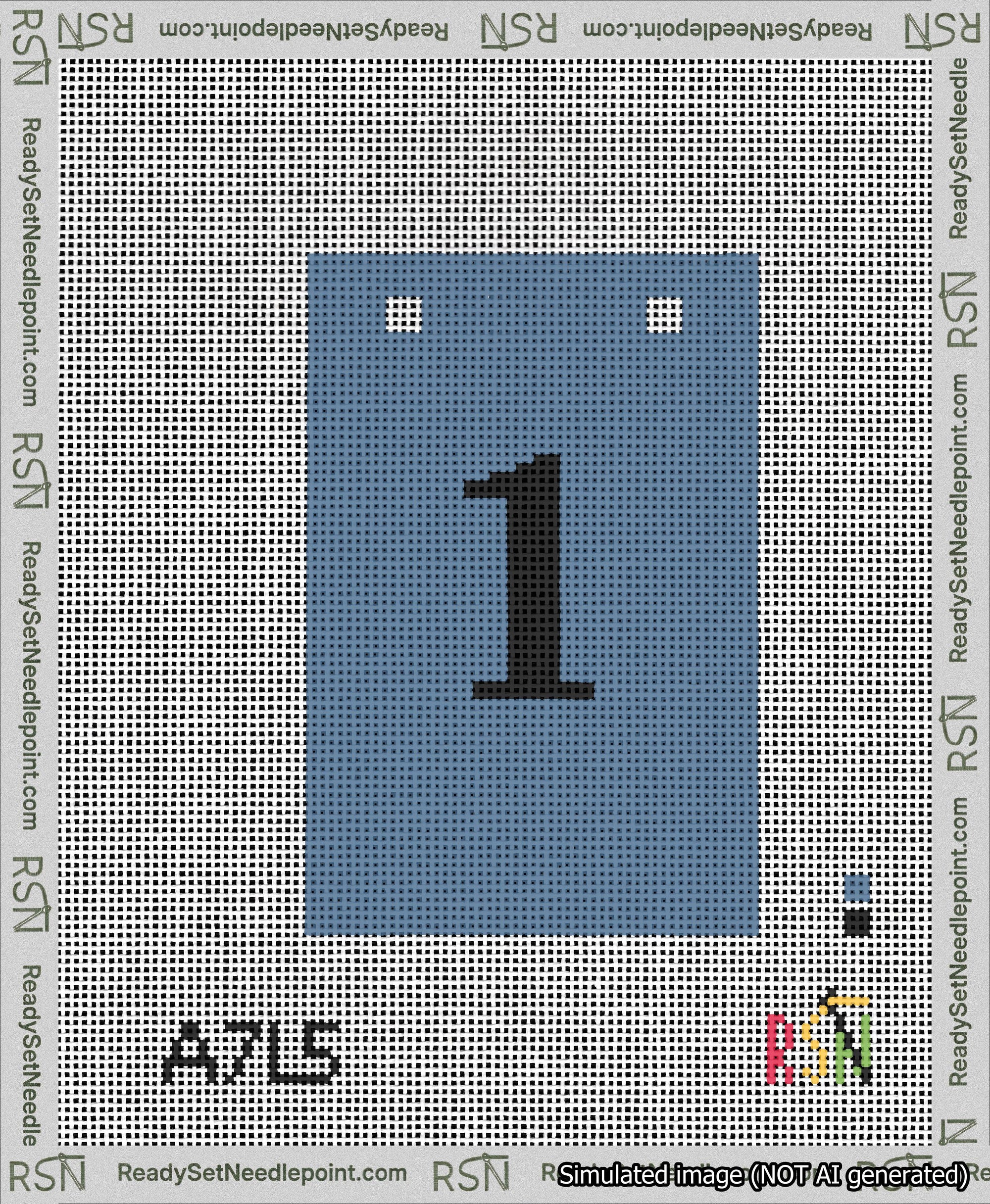 A taped needlepoint canvas with the design: Banner 13 mesh count Squared 1 Black on Blue.