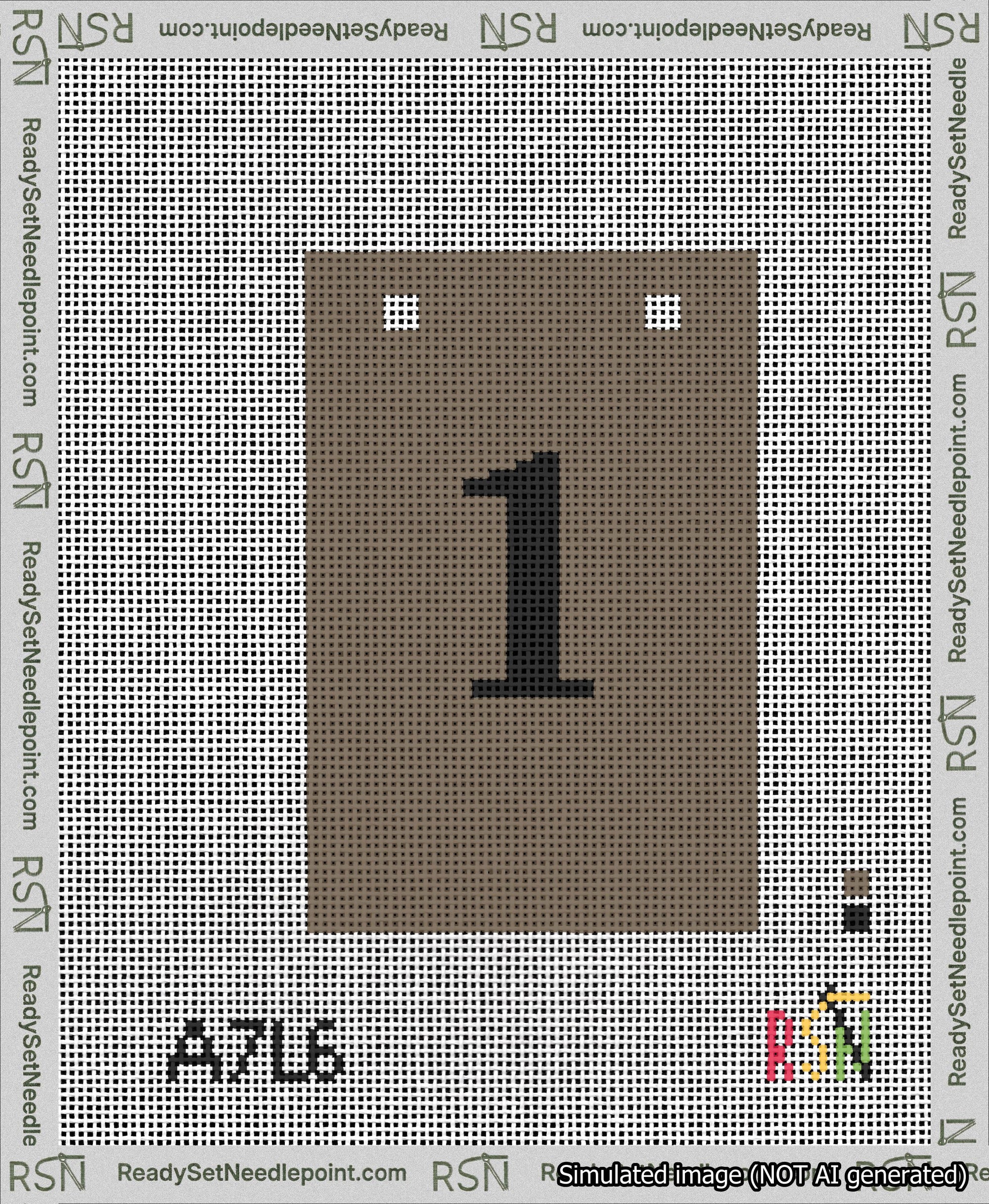 A taped needlepoint canvas with the design: Banner 13 mesh count Squared 1 Black on Brown.