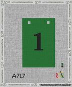 A taped needlepoint canvas with the design: Banner 13 mesh count Squared 1 Black on Green.