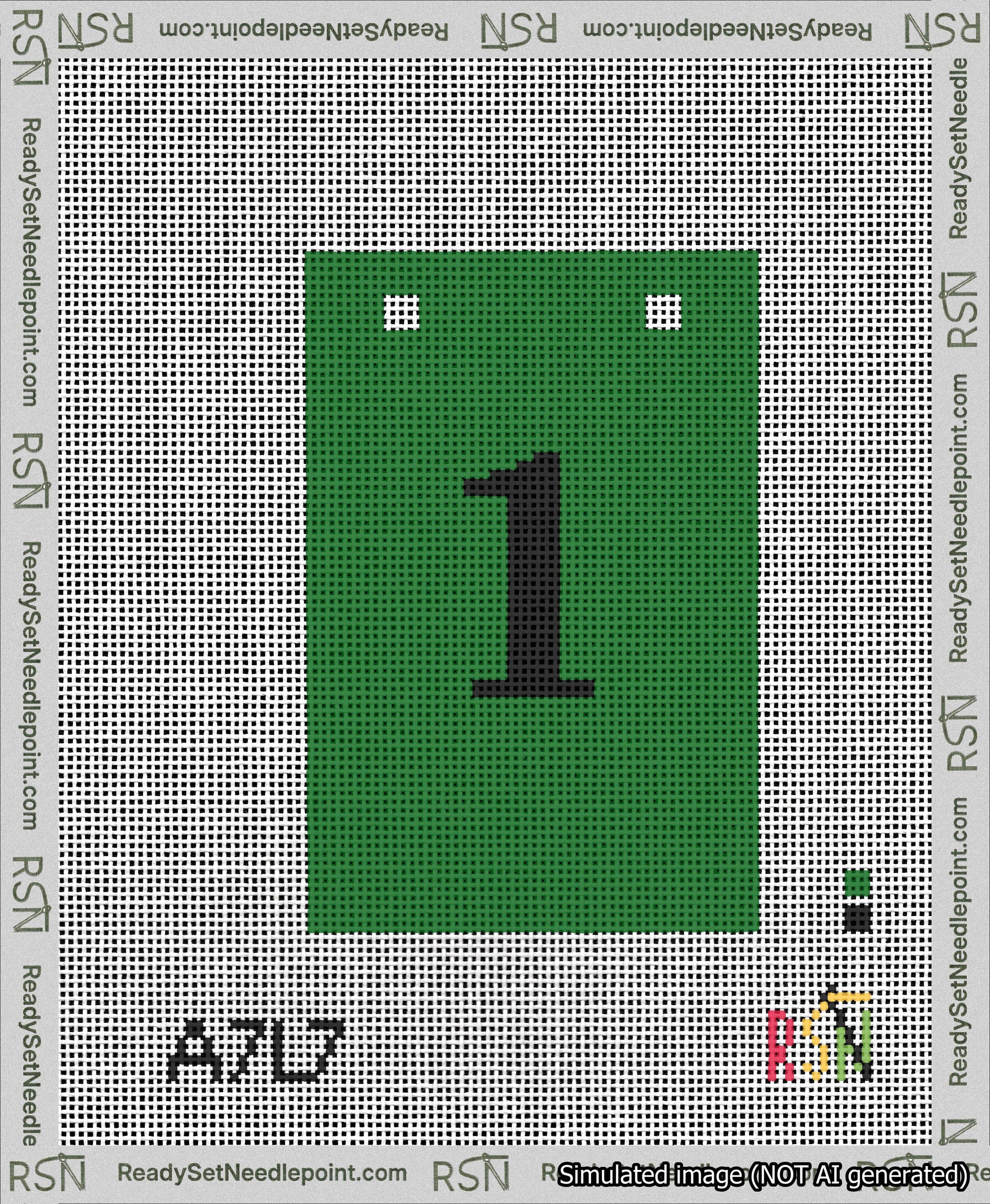 A taped needlepoint canvas with the design: Banner 13 mesh count Squared 1 Black on Green.