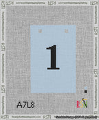 A taped needlepoint canvas with the design: Banner 13 mesh count Squared 1 Black on Light Blue.