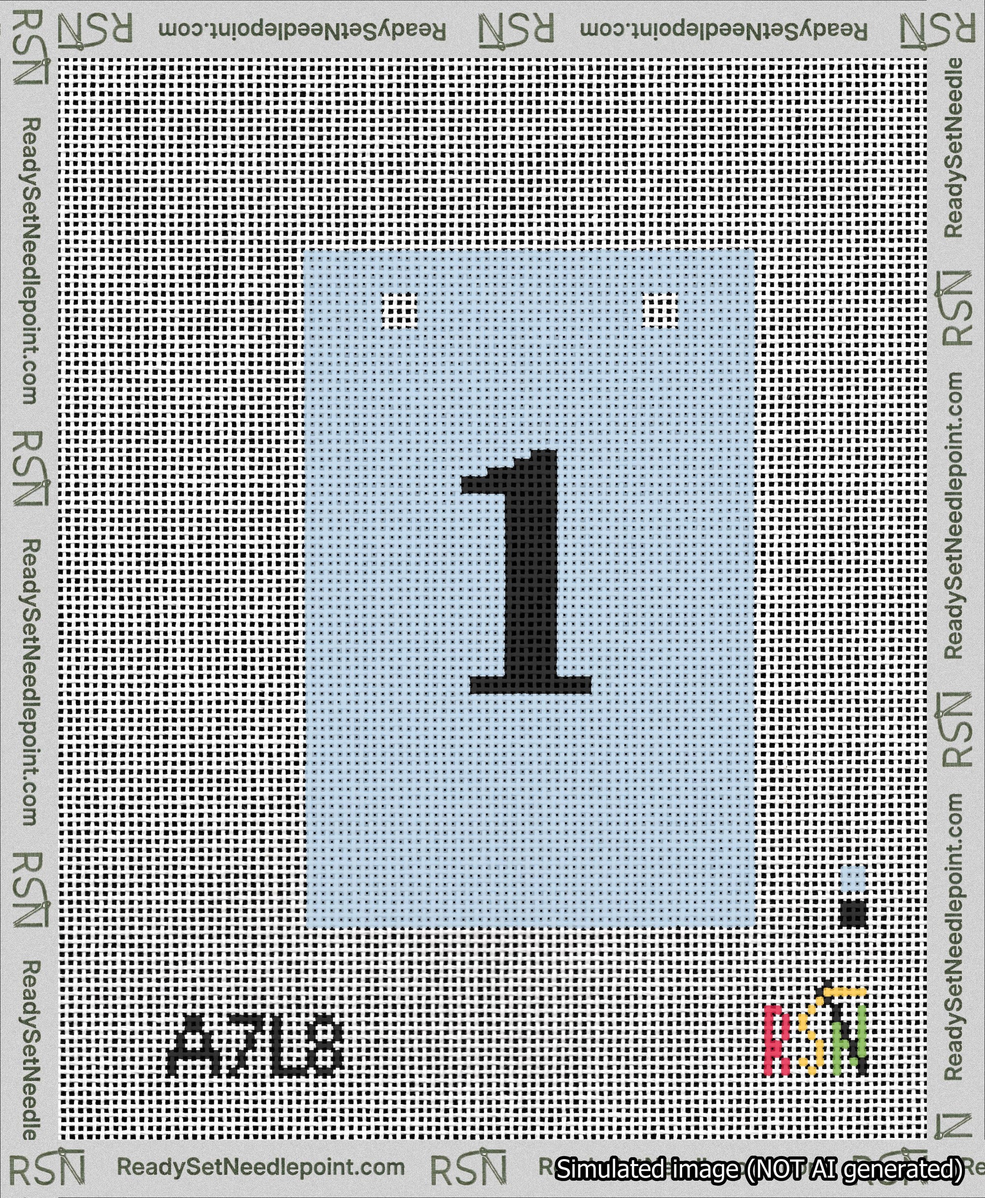 A taped needlepoint canvas with the design: Banner 13 mesh count Squared 1 Black on Light Blue.