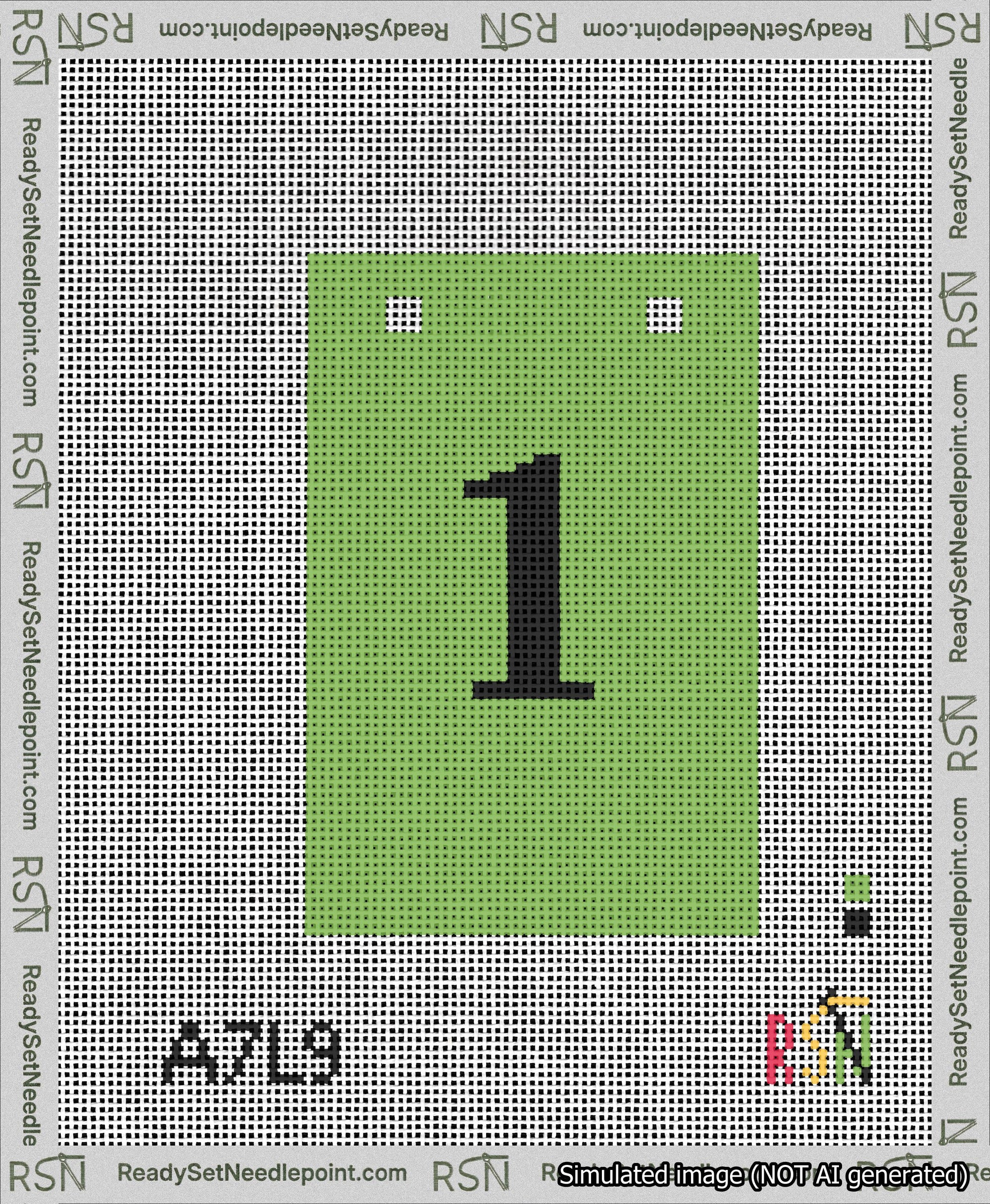 A taped needlepoint canvas with the design: Banner 13 mesh count Squared 1 Black on Light Green.