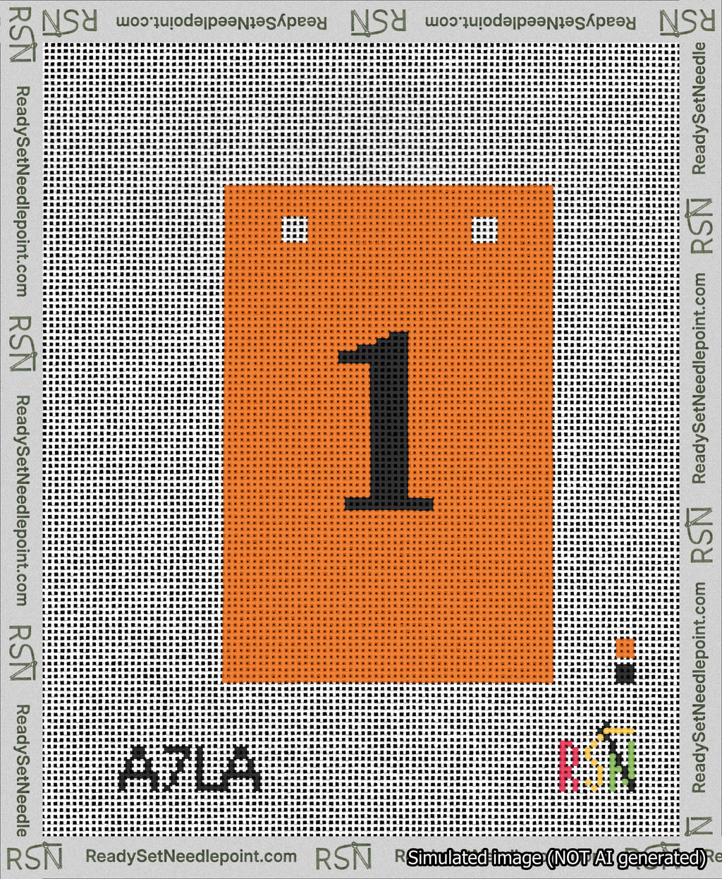 A taped needlepoint canvas with the design: Banner 13 mesh count Squared 1 Black on Orange.