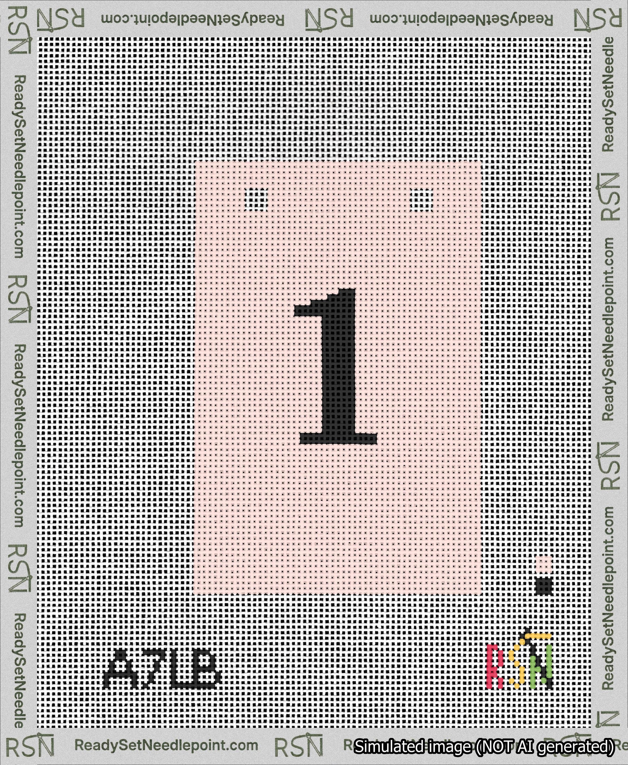 A taped needlepoint canvas with the design: Banner 13 mesh count Squared 1 Black on Pink.