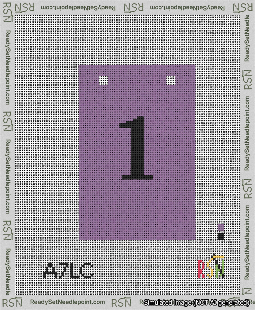 A taped needlepoint canvas with the design: Banner 13 mesh count Squared 1 Black on Purple.