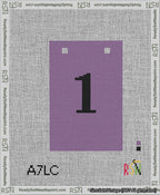 A taped needlepoint canvas with the design: Banner 13 mesh count Squared 1 Black on Purple.