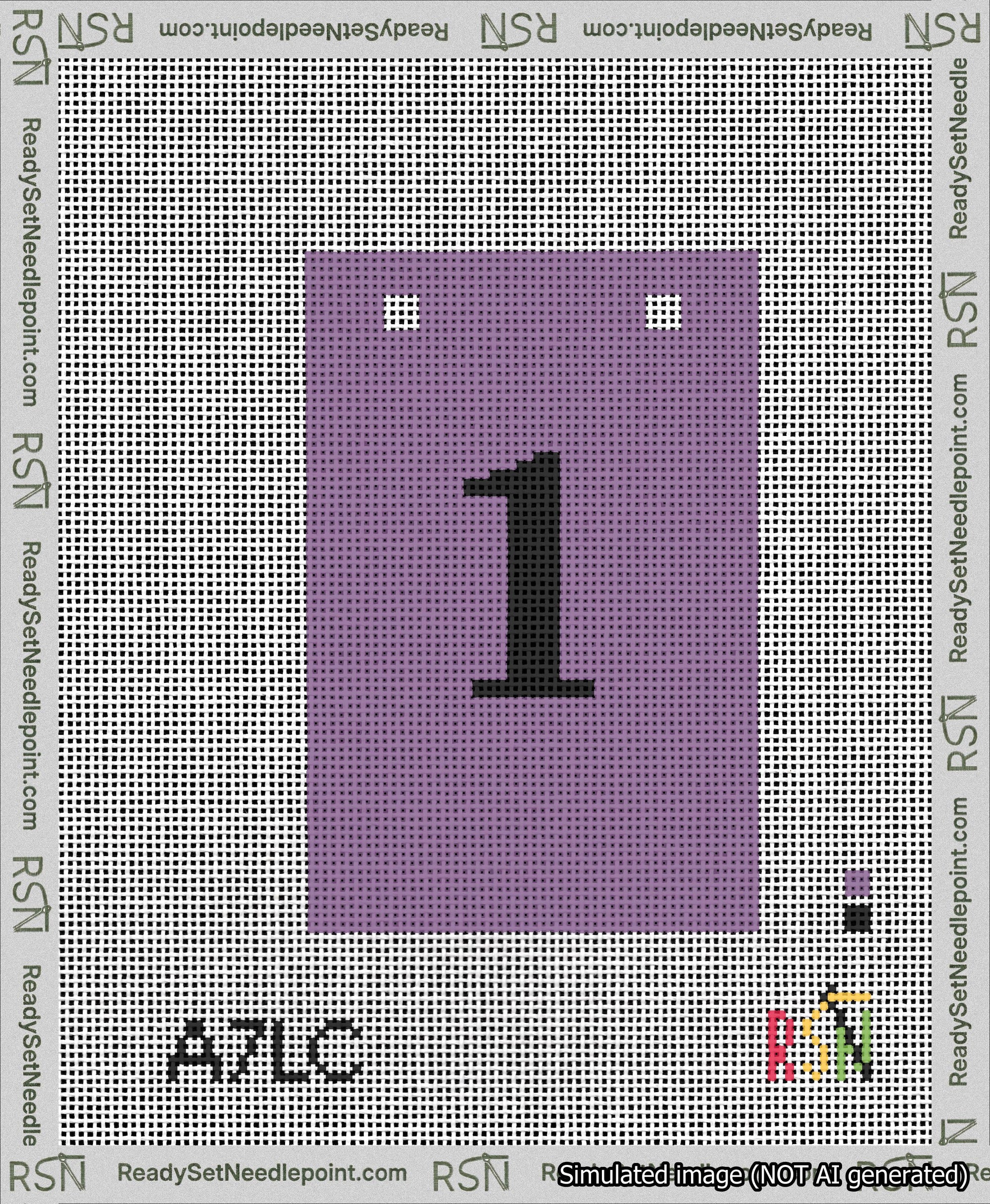 A taped needlepoint canvas with the design: Banner 13 mesh count Squared 1 Black on Purple.