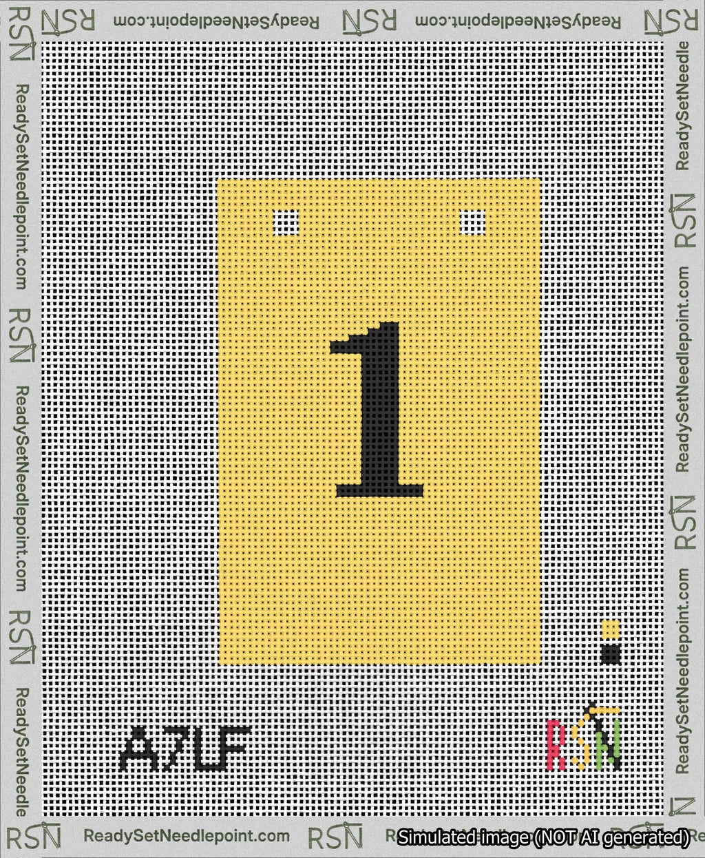 A taped needlepoint canvas with the design: Banner 13 mesh count Squared 1 Black on Yellow.