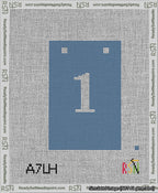 A taped needlepoint canvas with the design: Banner 13 mesh count Squared 1 White on Blue.