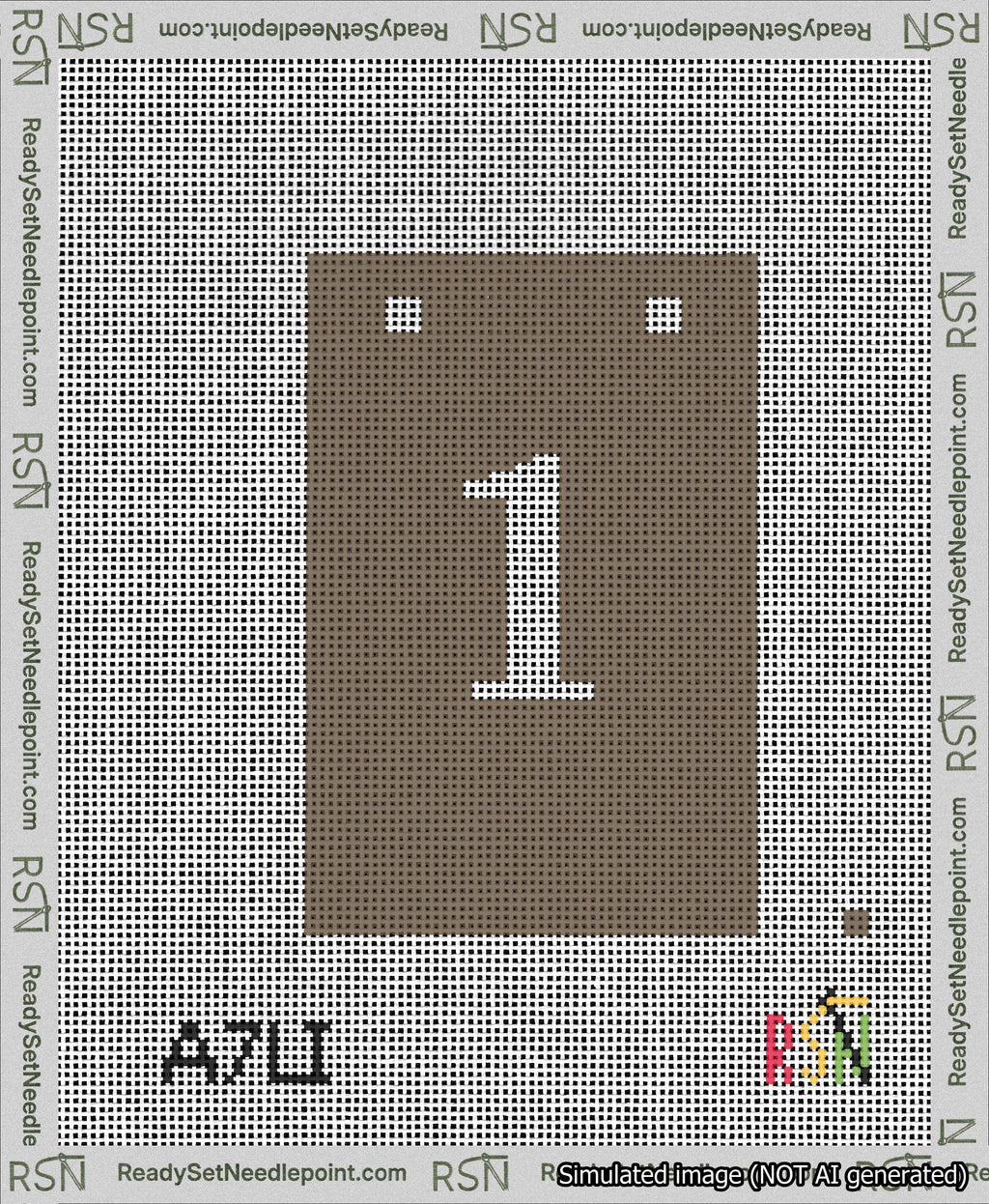 A taped needlepoint canvas with the design: Banner 13 mesh count Squared 1 White on Brown.