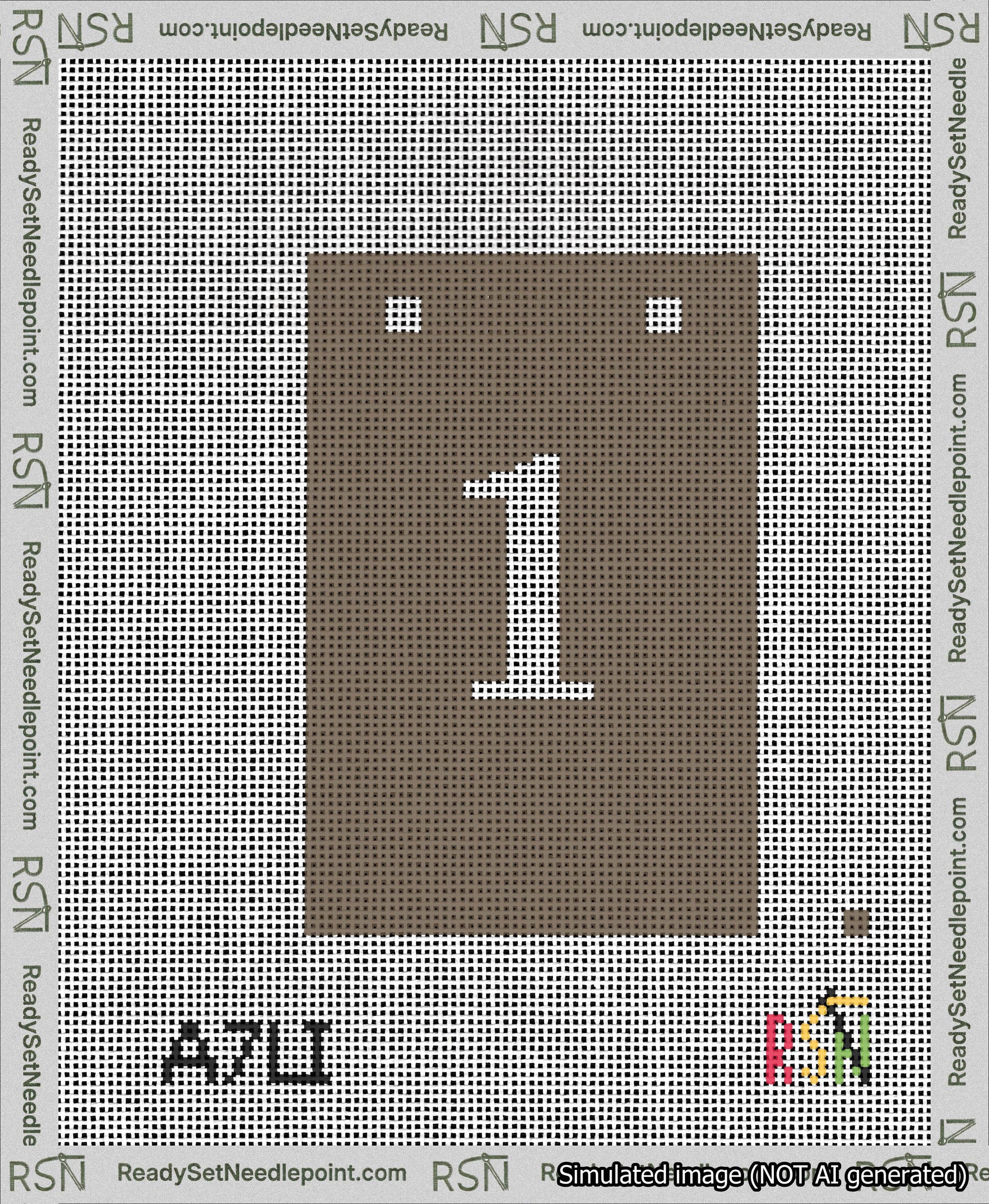 A taped needlepoint canvas with the design: Banner 13 mesh count Squared 1 White on Brown.
