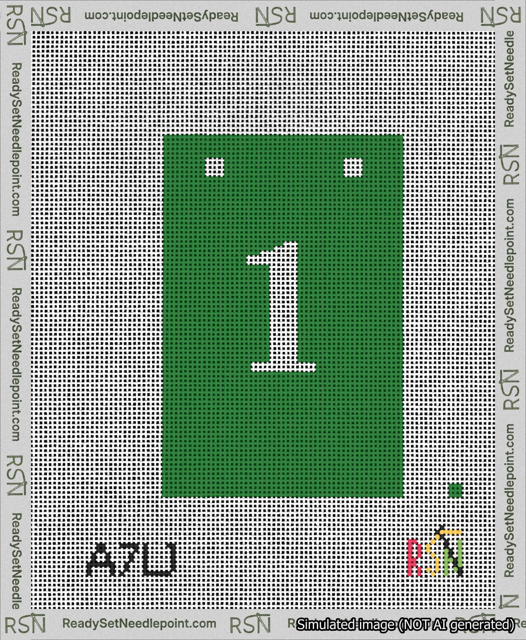 A taped needlepoint canvas with the design: Banner 13 mesh count Squared 1 White on Green.
