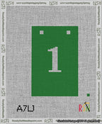 A taped needlepoint canvas with the design: Banner 13 mesh count Squared 1 White on Green.