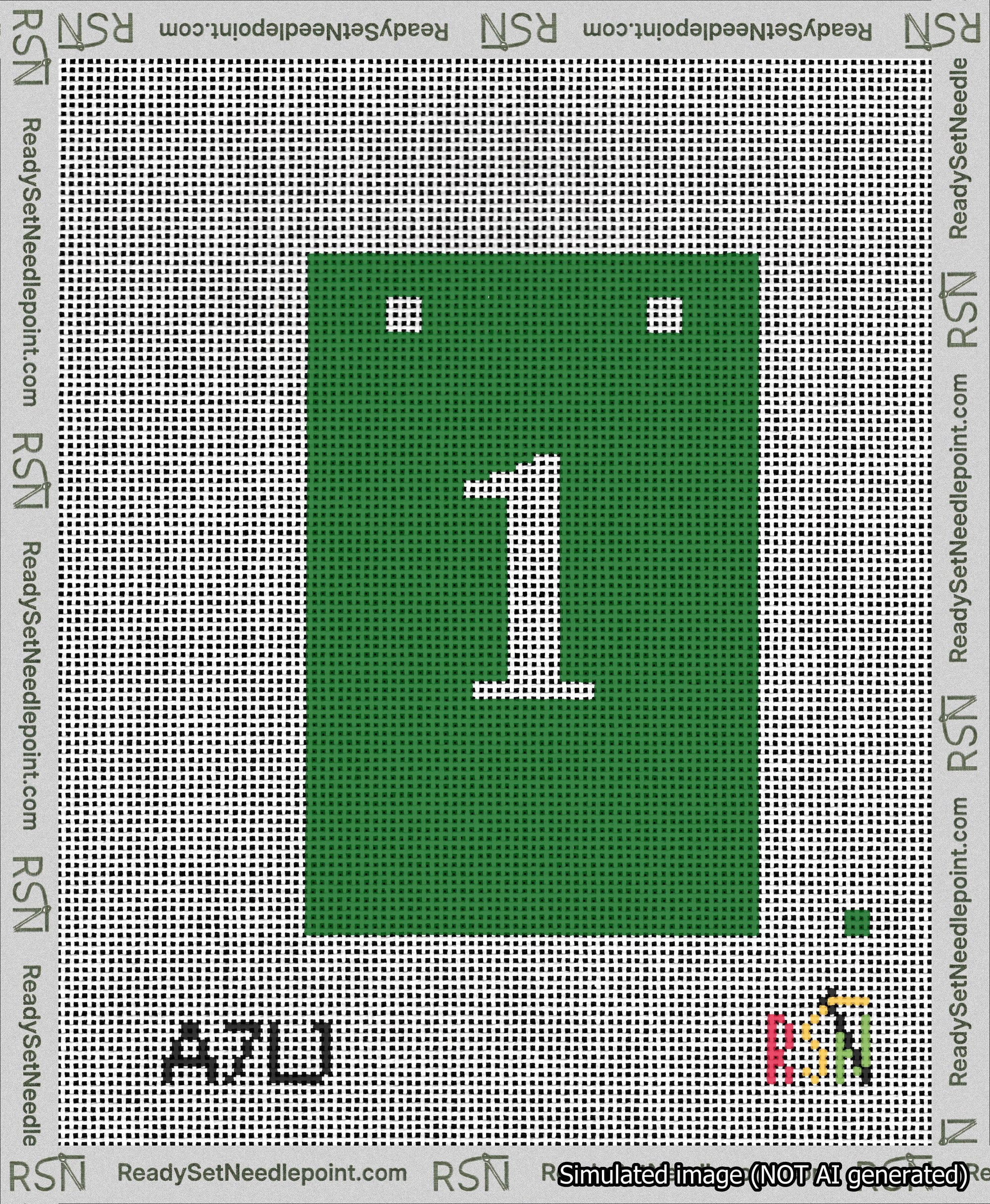 A taped needlepoint canvas with the design: Banner 13 mesh count Squared 1 White on Green.