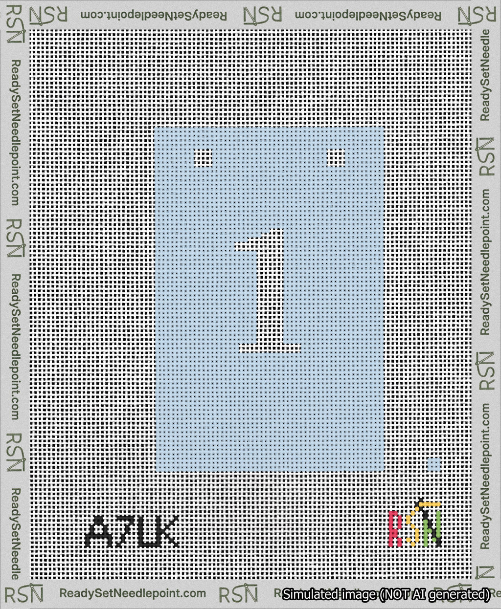 A taped needlepoint canvas with the design: Banner 13 mesh count Squared 1 White on Light Blue.