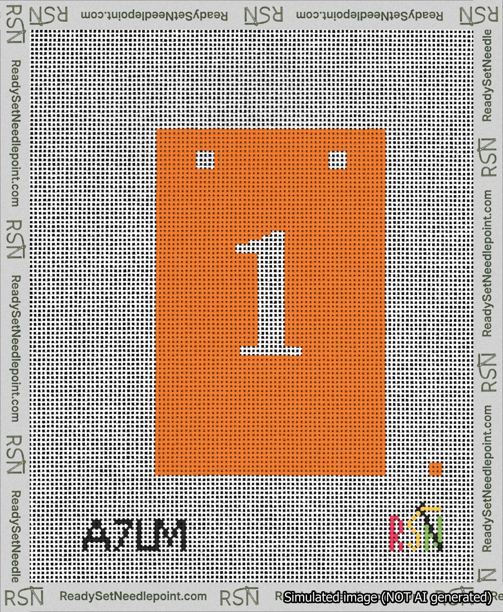 A taped needlepoint canvas with the design: Banner 13 mesh count Squared 1 White on Orange.