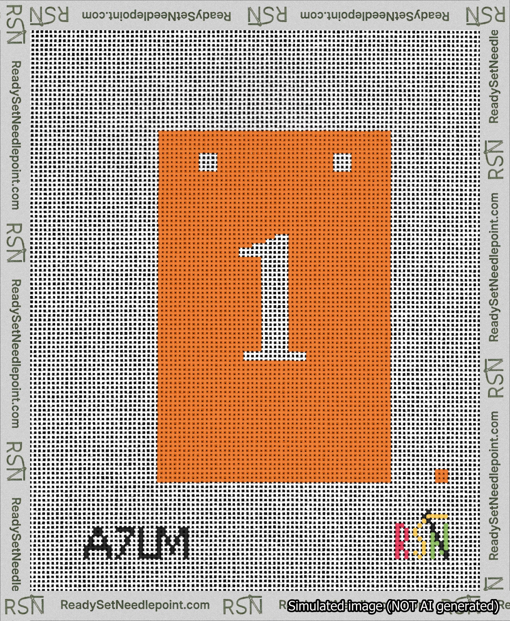 A taped needlepoint canvas with the design: Banner 13 mesh count Squared 1 White on Orange.