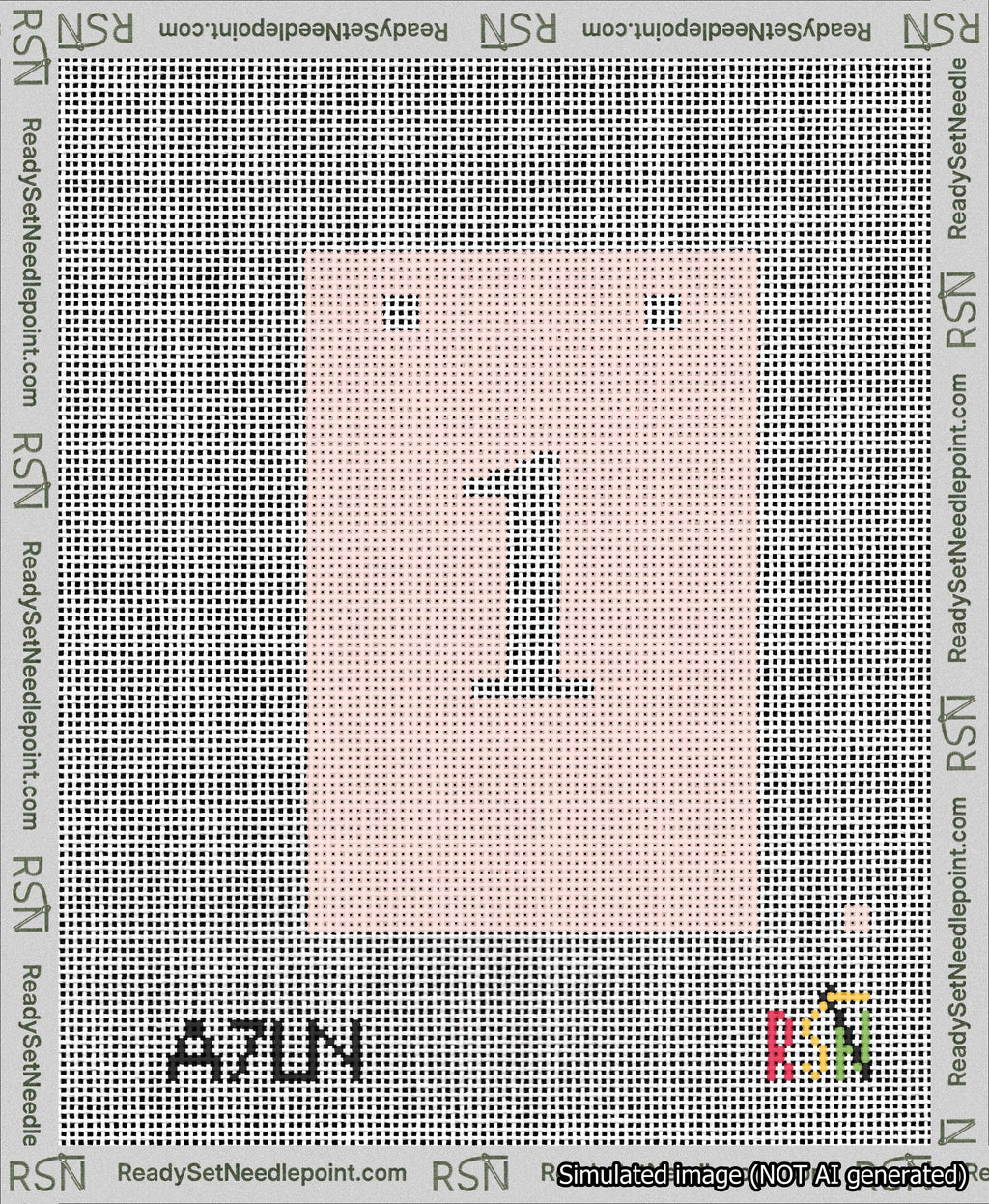 A taped needlepoint canvas with the design: Banner 13 mesh count Squared 1 White on Pink.