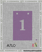 A taped needlepoint canvas with the design: Banner 13 mesh count Squared 1 White on Purple.