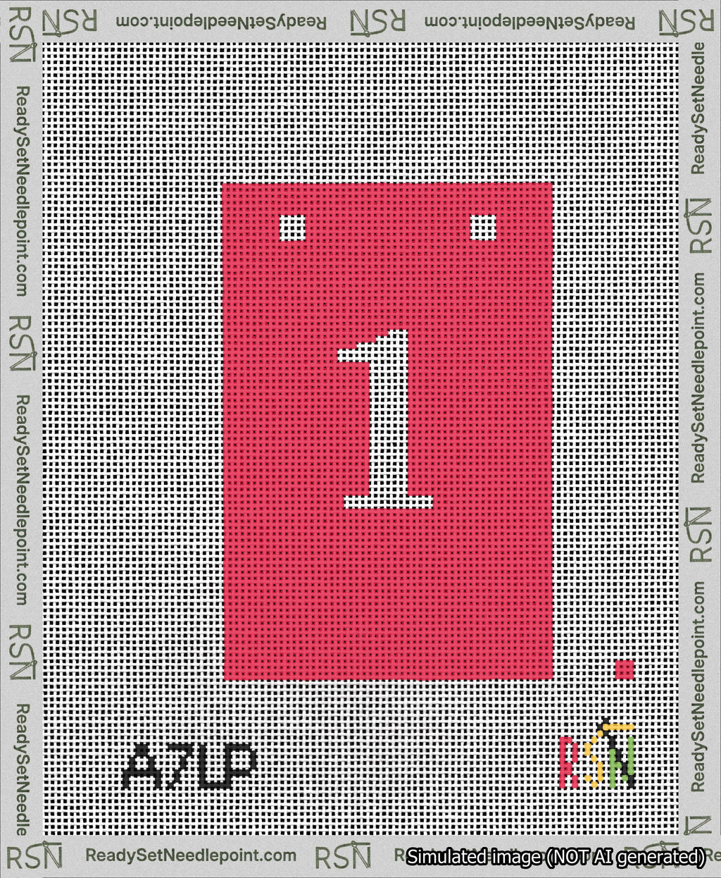 A taped needlepoint canvas with the design: Banner 13 mesh count Squared 1 White on Red.