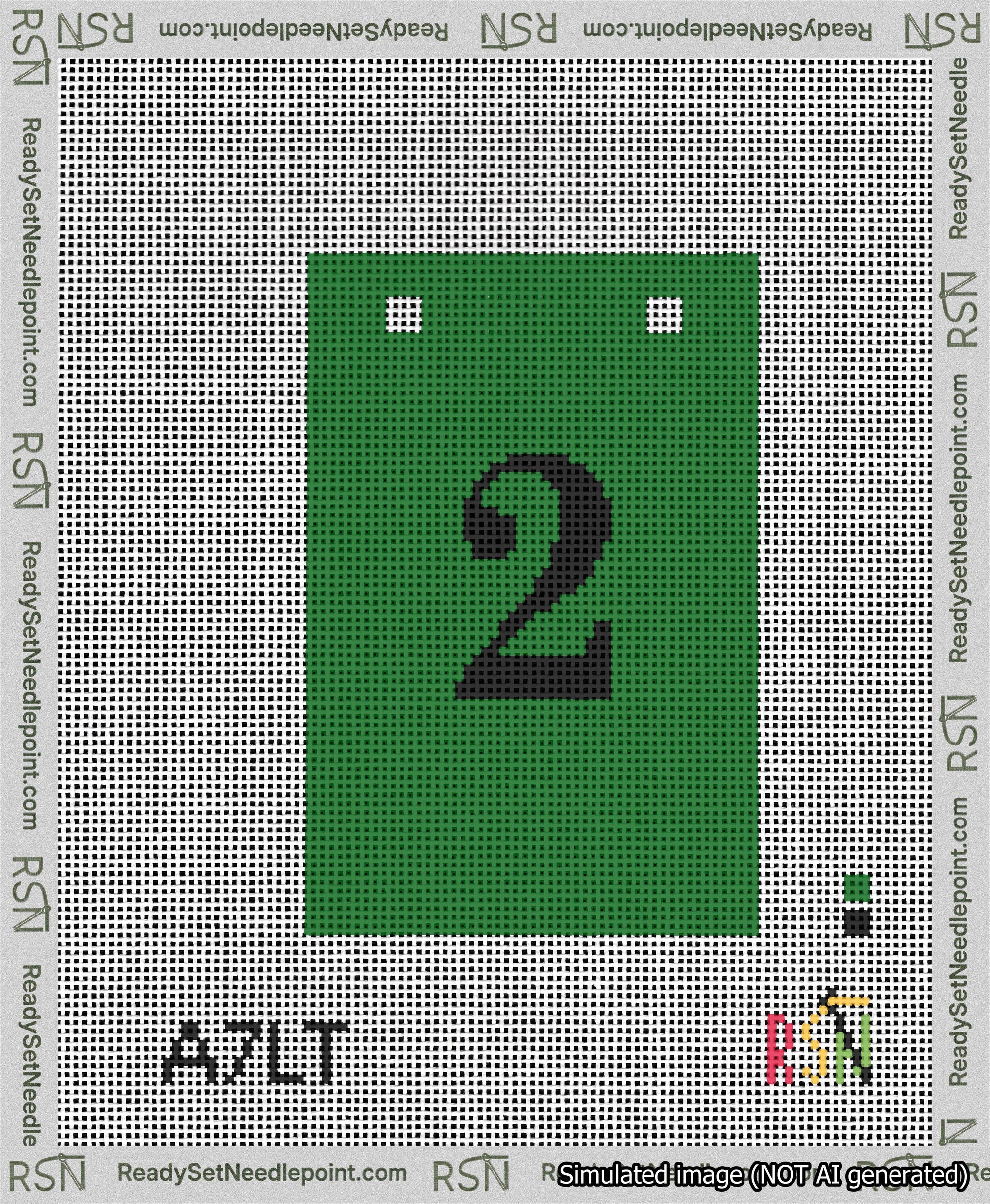 A taped needlepoint canvas with the design: Banner 13 mesh count Squared 2 Black on Green.