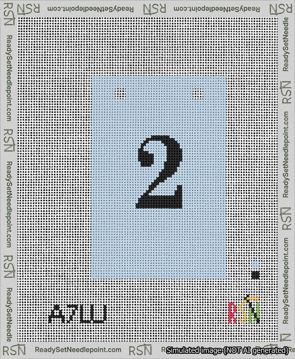 A taped needlepoint canvas with the design: Banner 13 mesh count Squared 2 Black on Light Blue.