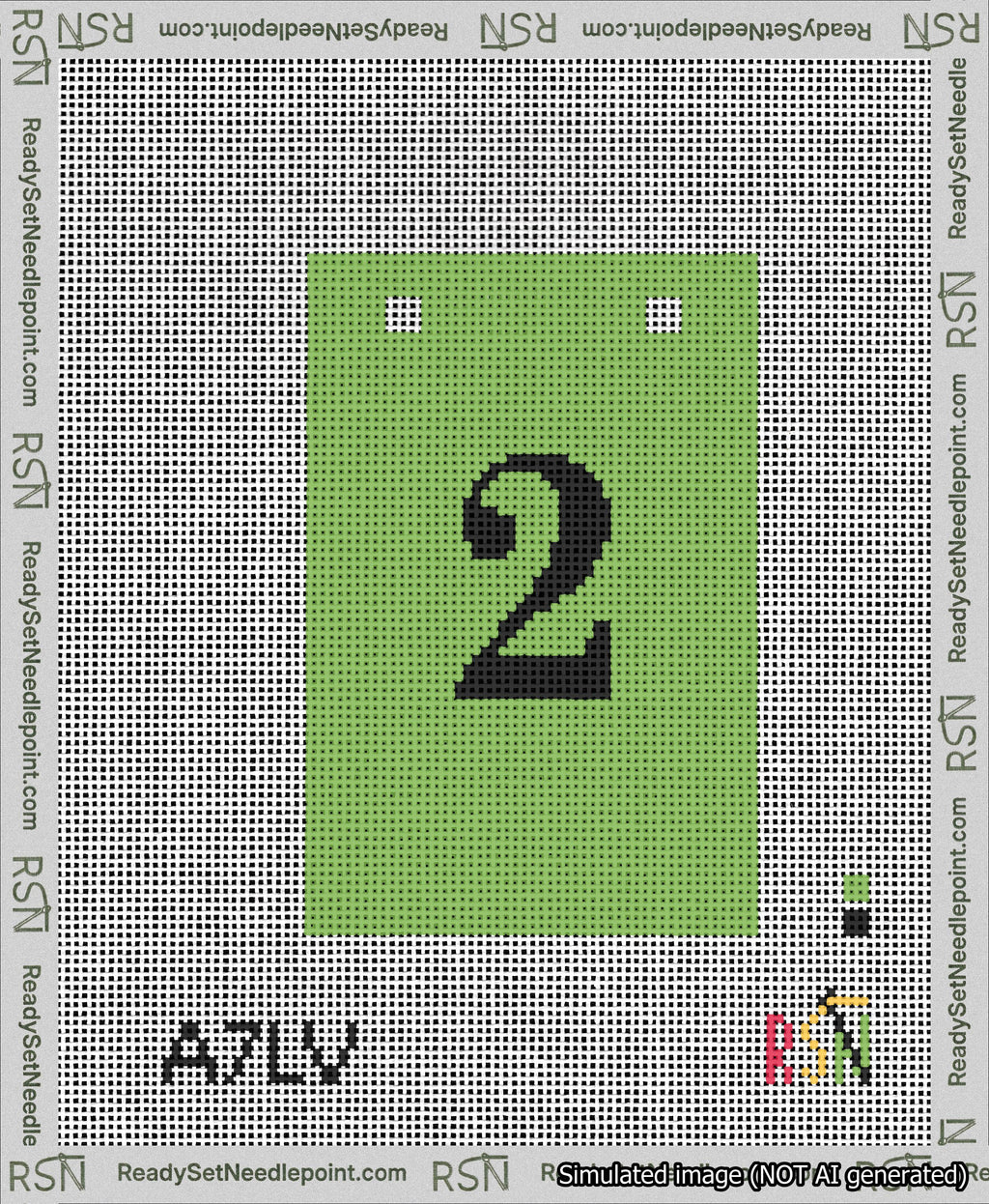 A taped needlepoint canvas with the design: Banner 13 mesh count Squared 2 Black on Light Green.