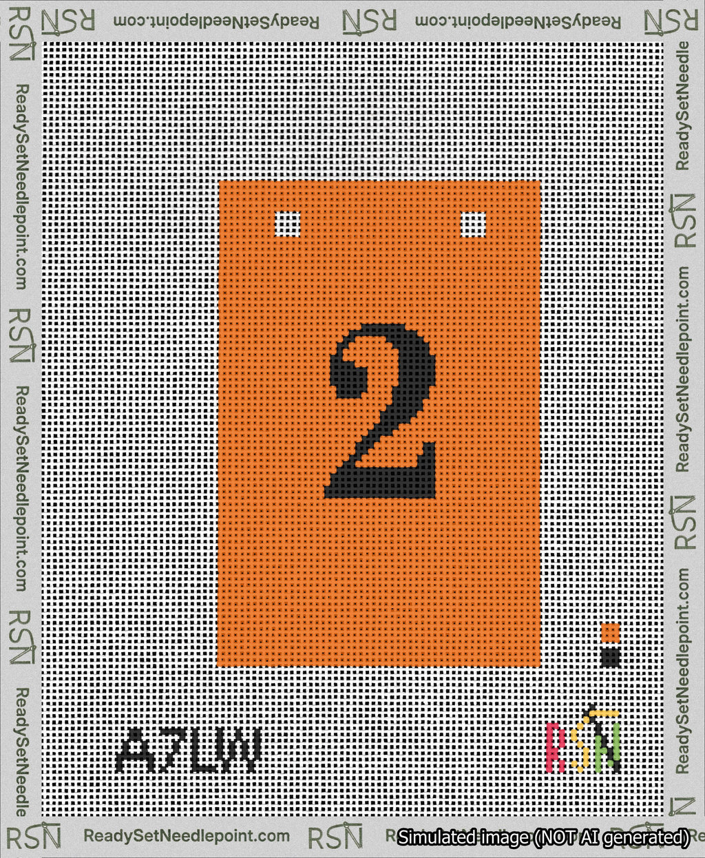 A taped needlepoint canvas with the design: Banner 13 mesh count Squared 2 Black on Orange.