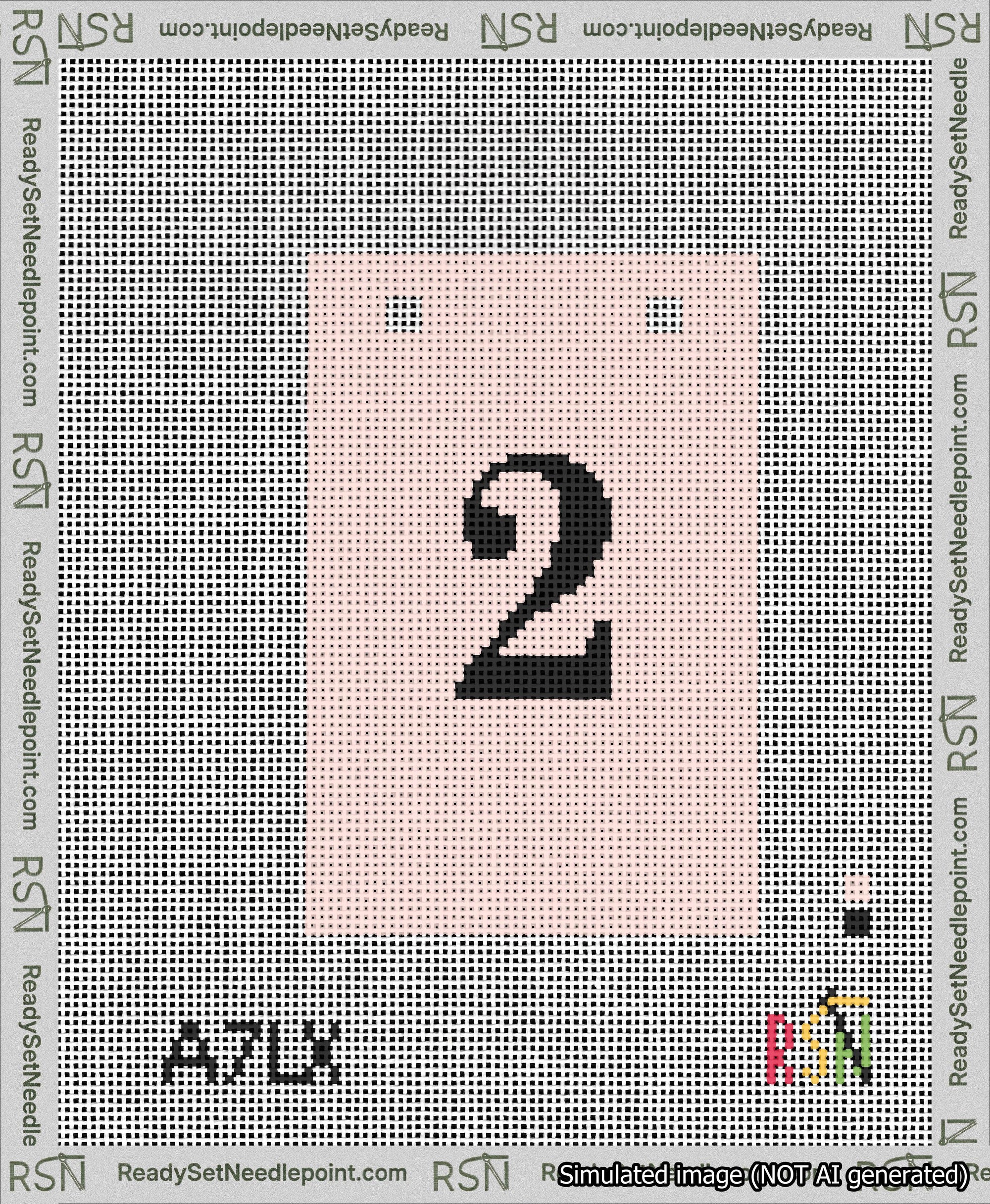 A taped needlepoint canvas with the design: Banner 13 mesh count Squared 2 Black on Pink.
