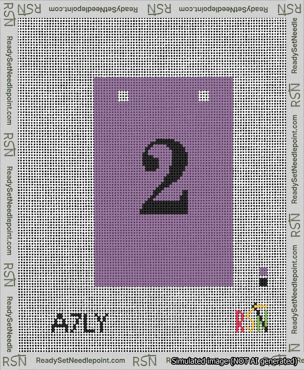 A taped needlepoint canvas with the design: Banner 13 mesh count Squared 2 Black on Purple.