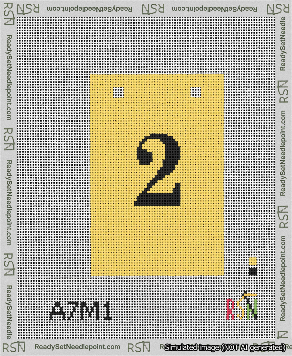 A taped needlepoint canvas with the design: Banner 13 mesh count Squared 2 Black on Yellow.