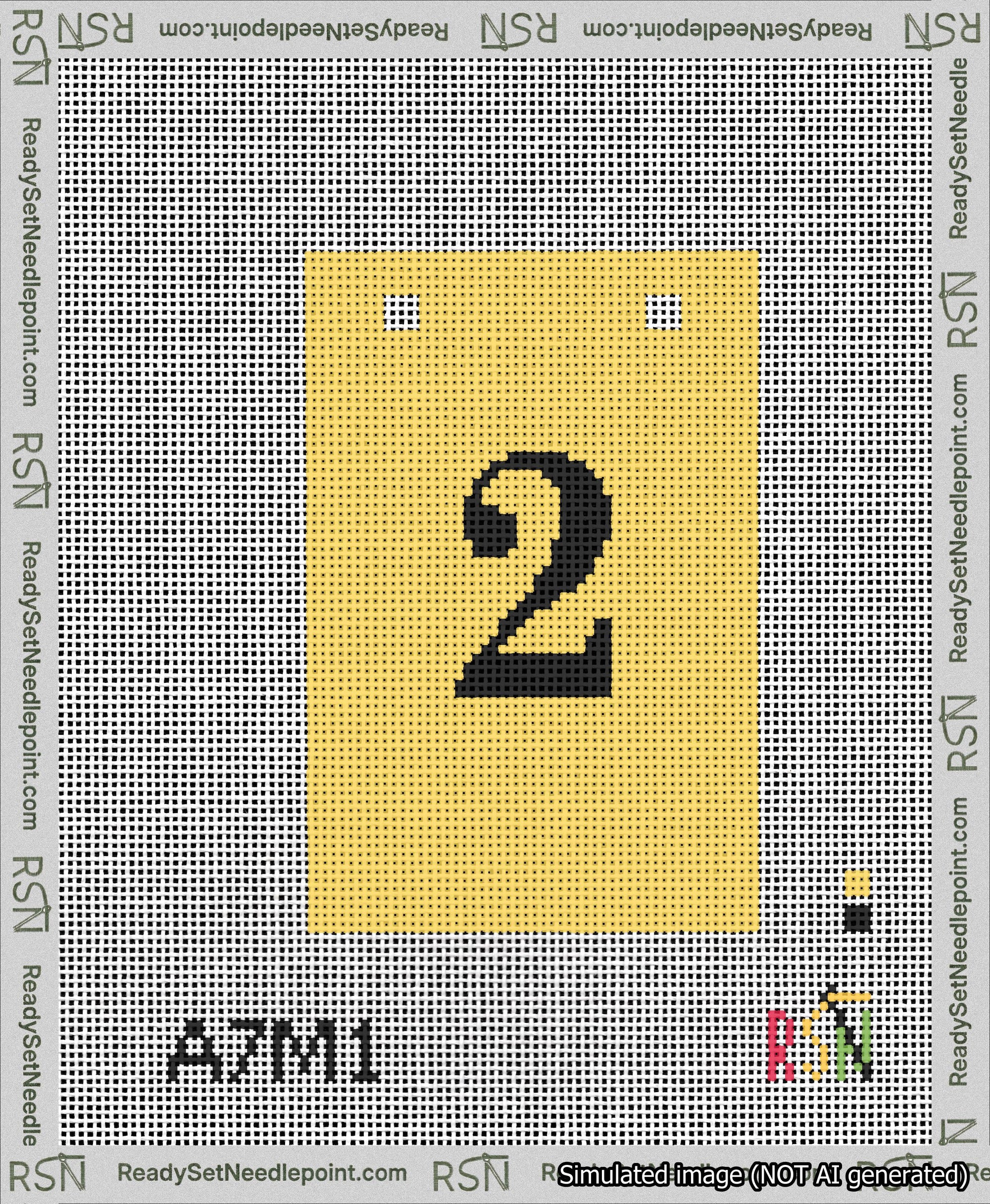 A taped needlepoint canvas with the design: Banner 13 mesh count Squared 2 Black on Yellow.